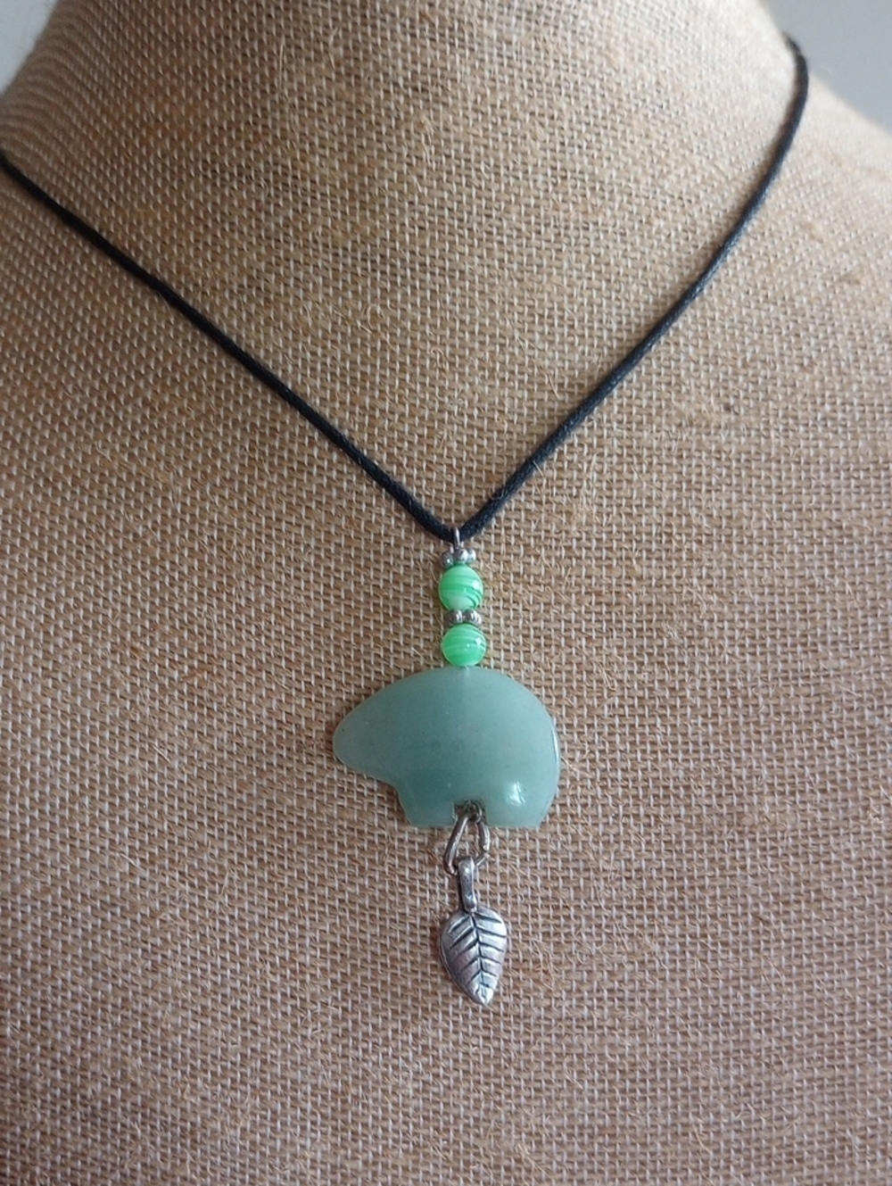 Green Jade Lucky  Bear Pendant Necklace with Leaf Charm 25" Long.